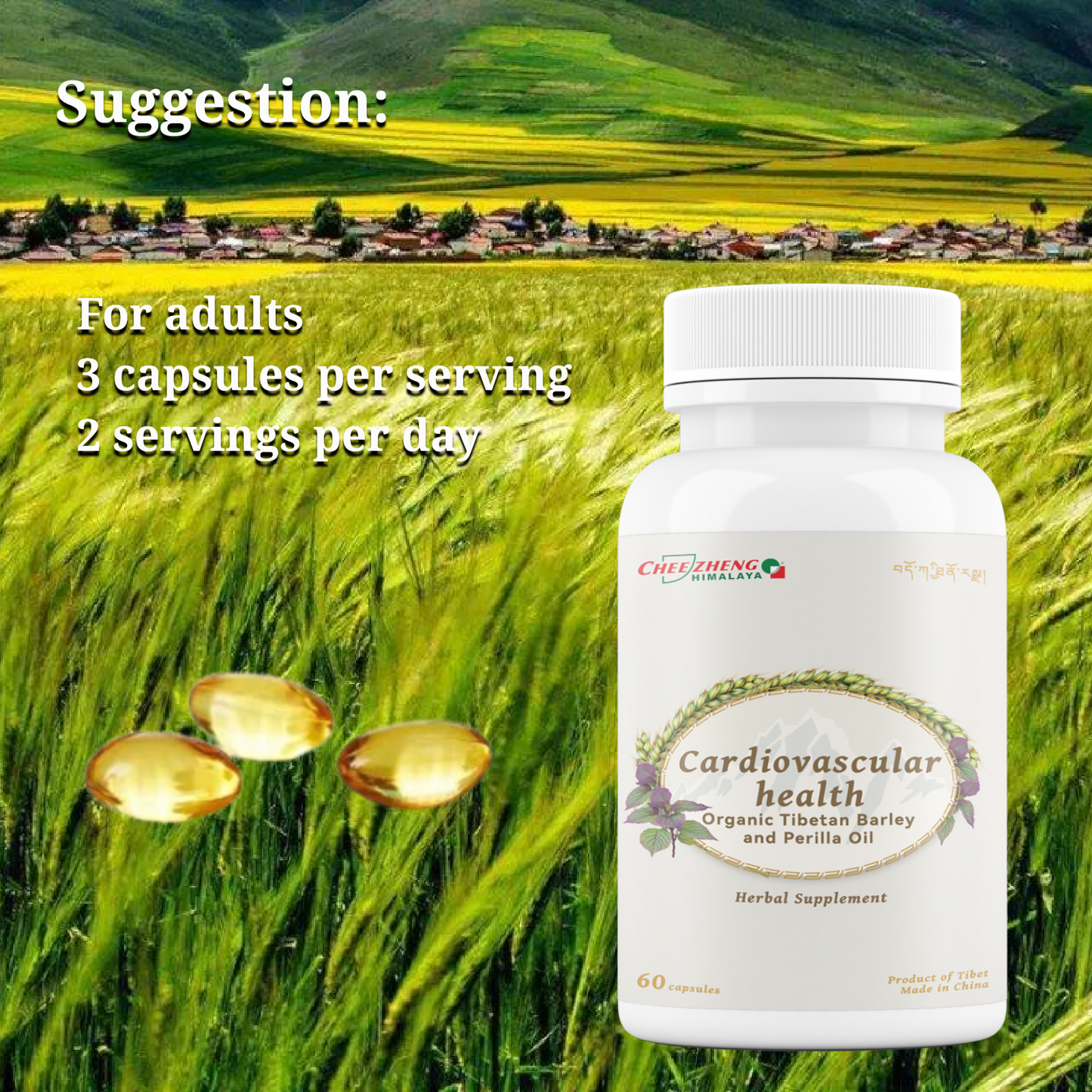 Cardiovascular Health - Natural Perilla and Tibetan Barley Oil. Support Heart & Blood Health, Enhance Brain Function, Boost Lipid Metabolism, Maintain Cholesterol Level, Natural Herbs Formula, 60 veggie capsules